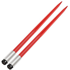 Pair of 49-inch red-coated hay bale spears with pointed tips and square mounts.