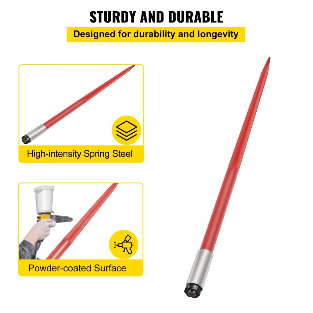 Red-coated 49" hay bale spear made of spring steel, designed for heavy-duty agricultural use.