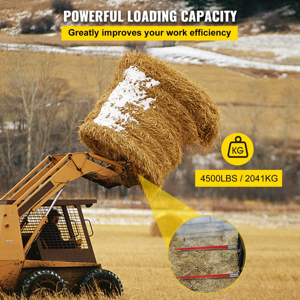 Red-coated 49" hay bale spear with a sharp point and square rod design for heavy loads.