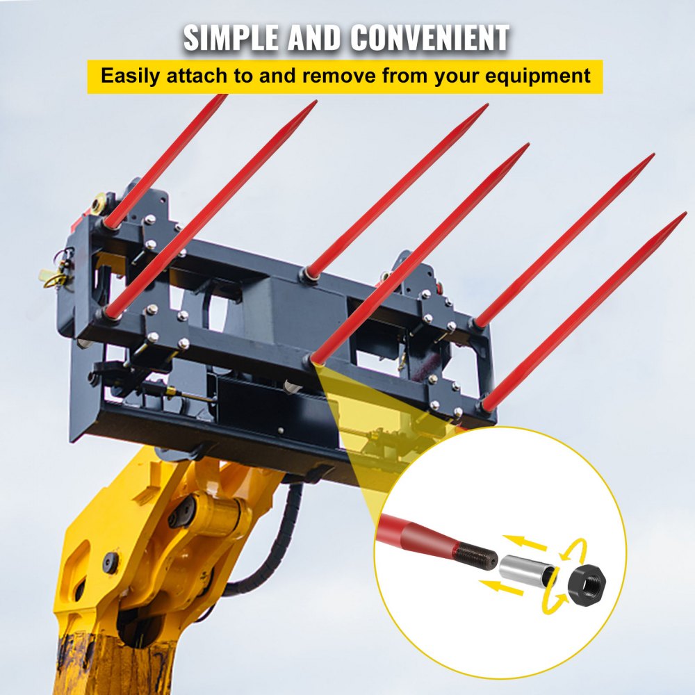 Red-coated 49" hay bale spear made of spring steel, designed for heavy-duty lifting.