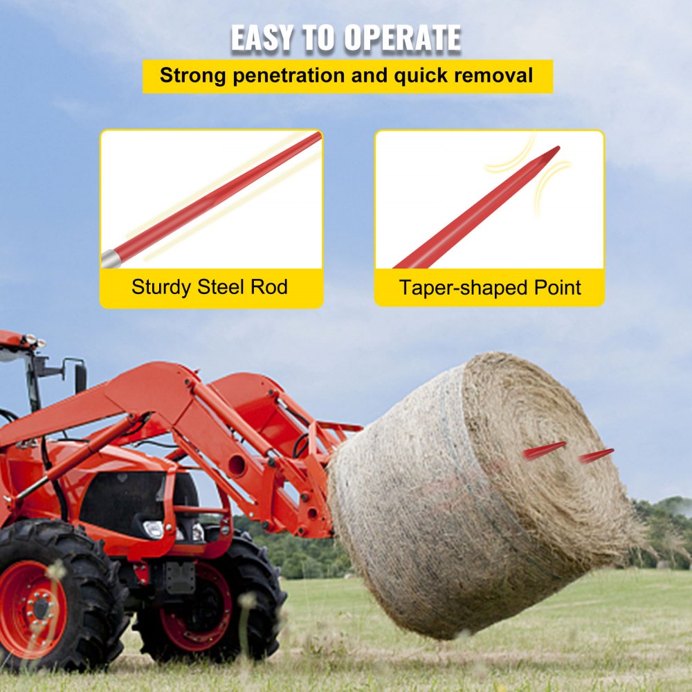 Red-coated 49" hay bale spear made of spring steel with a sharp tapered point for easy handling.