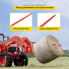 Red-coated 49" hay bale spear made of spring steel with a sharp tapered point for easy handling.