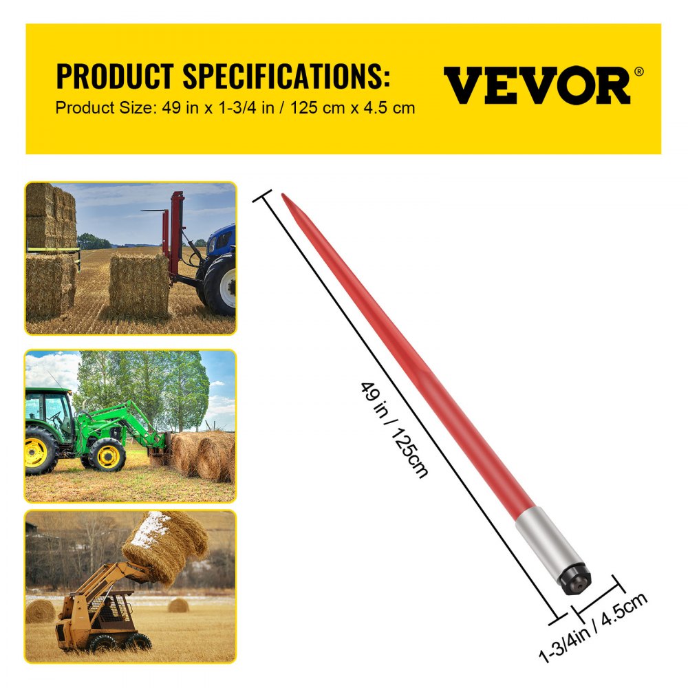 Red-coated 49" hay bale spear made of spring steel, designed for heavy-duty agricultural use.