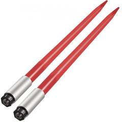 Pair of 39-inch red powder-coated hay bale spears with silver shanks and black tips.