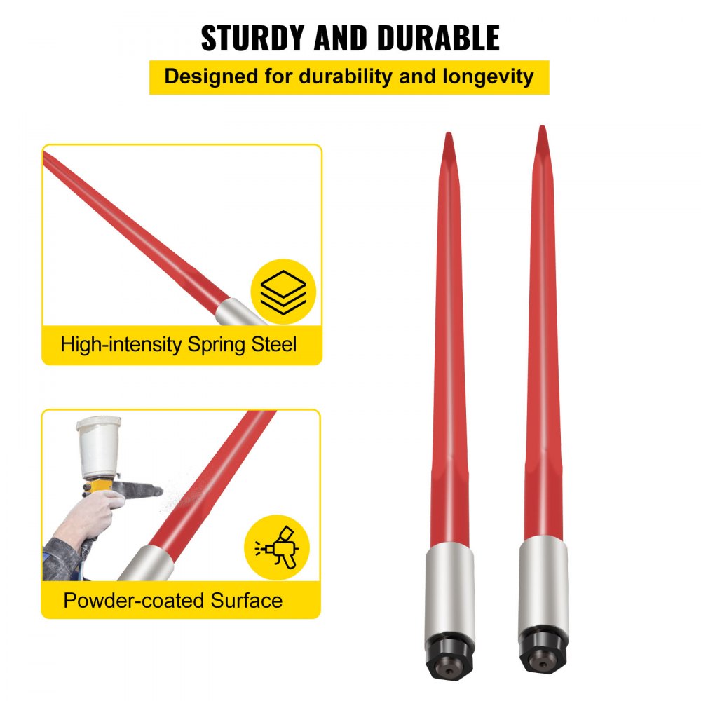 Red powder-coated 39-inch hay bale spear with 3000 lbs capacity, made of high-intensity spring steel.