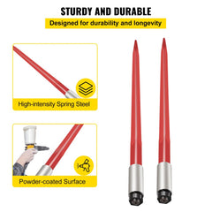 Red powder-coated 39-inch hay bale spear with 3000 lbs capacity, made of high-intensity spring steel.