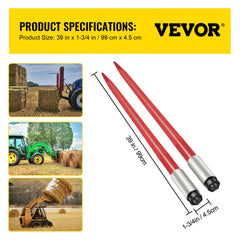 Red 39-inch hay bale spear with 3000 lbs capacity and powder-coated finish.