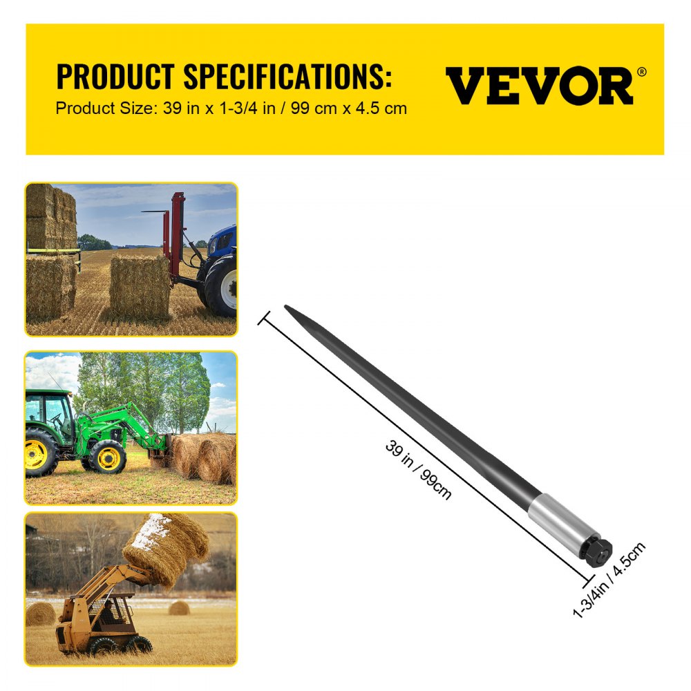 Bostome 39" hay bale spear with sharp point and durable steel construction for heavy loads.