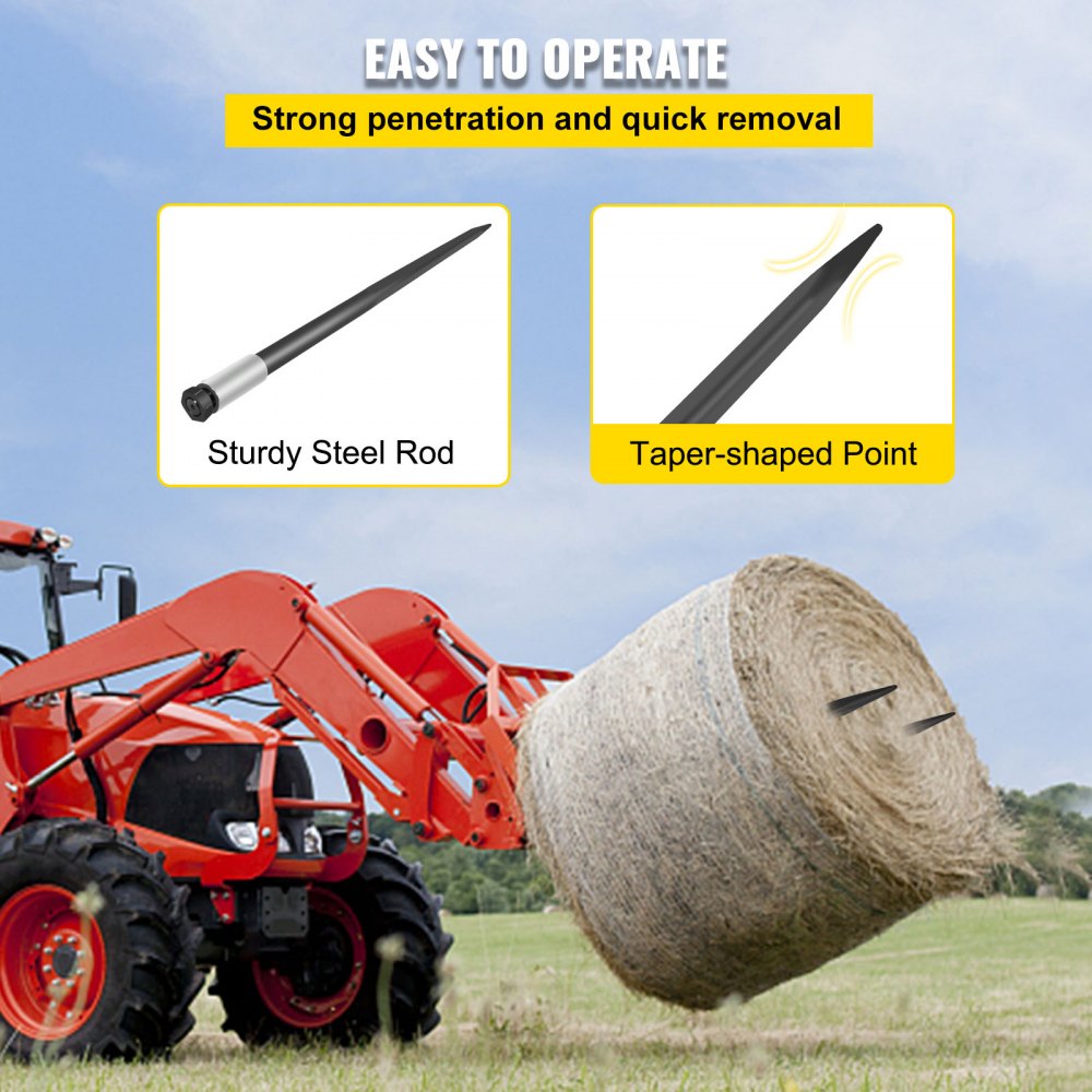 Hay Spear Spears 49" Hay Bale Spear Spike, 4000 lbs Capacity Quick Attach Square Hay Bale Spears, 2 Pics Black Bale Forks, Bale Hay Spike with Hex Nut & Sleeve for Buckets Tractors Loaders