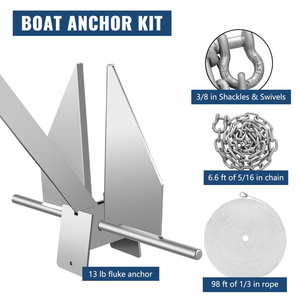 Boat Anchor Kit 13 lb Fluke Style Anchor, Hot Dipped Galvanized Steel Fluke Anchor, Marine Anchor with Anchor, Shackles, Chain, Rope for Boat Mooring on The Beach, Boats from 20`-32`