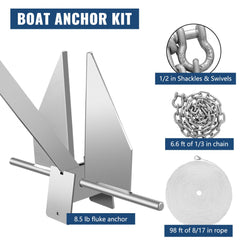 Boat Anchor Kit 8.5 lb Fluke Style Anchor, Hot Dipped Galvanized Steel Fluke Anchor, Marine Anchor with Anchor, Rope, Shackles, Chain for Boat Mooring on The Beach, Boats from 15`-24`