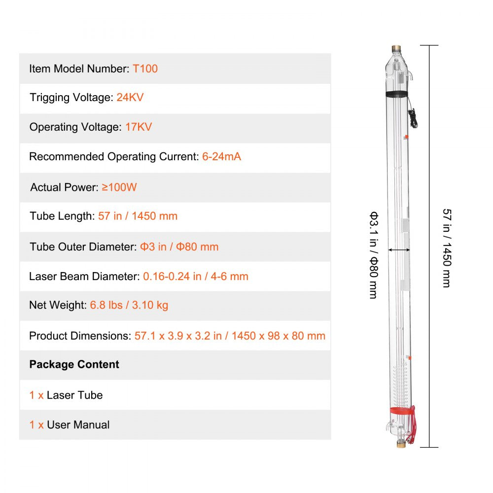 100W CO2 Laser Tube 57 in / 1450 mm Borosilicate Glass Laser Cutter Tube