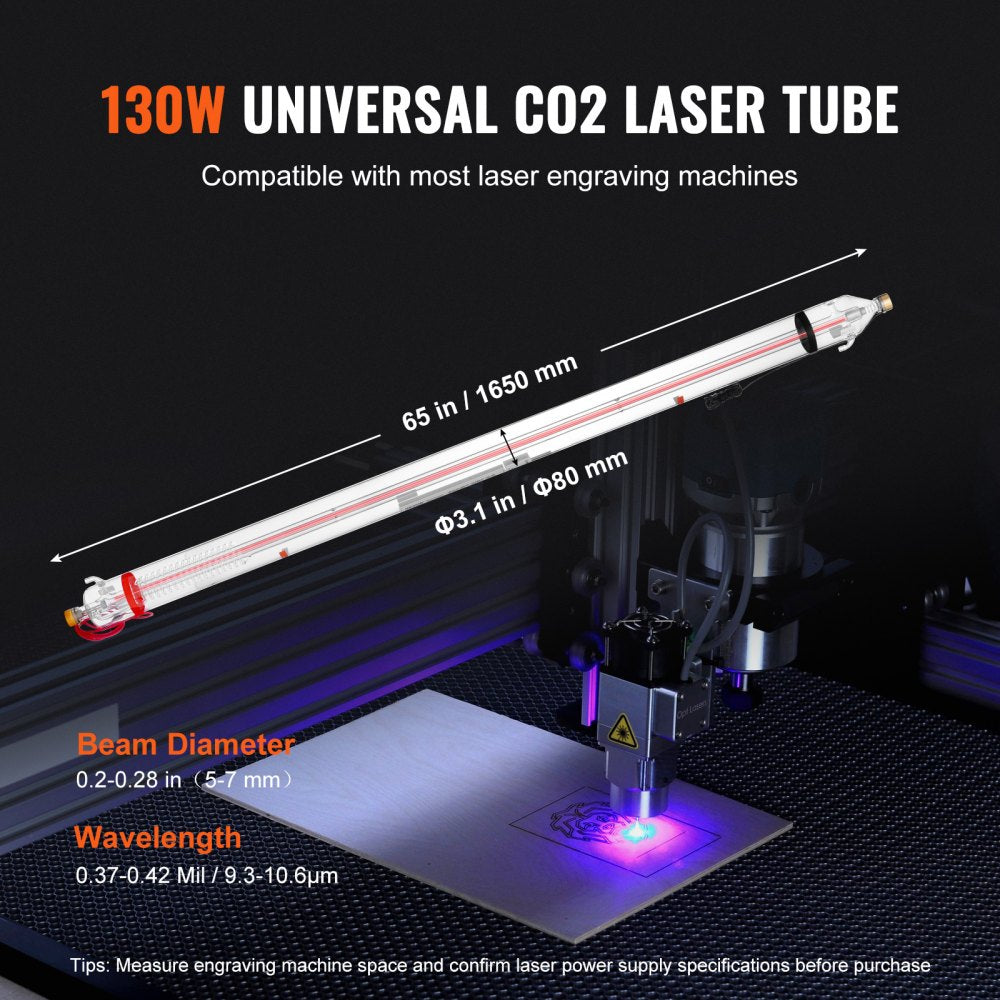 130W CO2 Laser Tube 65 in / 1650 mm Borosilicate Glass Laser Cutter Tube