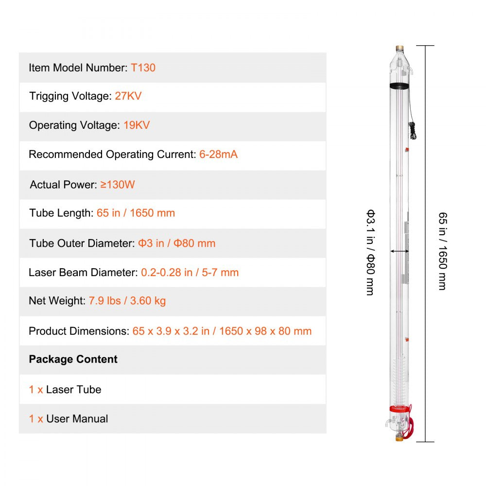 130W CO2 Laser Tube 65 in / 1650 mm Borosilicate Glass Laser Cutter Tube