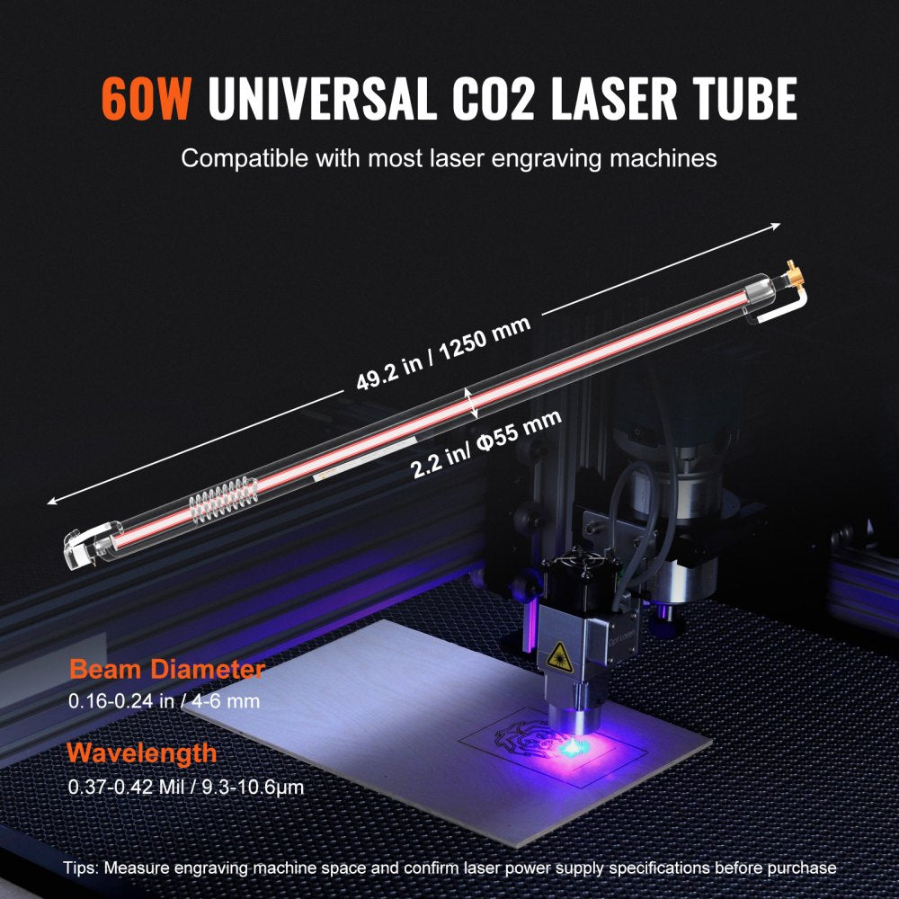 Bostome 60W CO2 laser tube made of borosilicate glass, 1250mm long, designed for precision cutting.