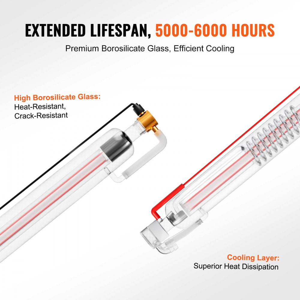 Bostome 60W CO2 laser tube made of borosilicate glass, 1250mm long with a focused beam.