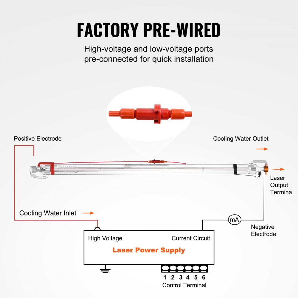 Bostome 60W CO2 laser tube made of borosilicate glass, 1250mm long for laser cutting.