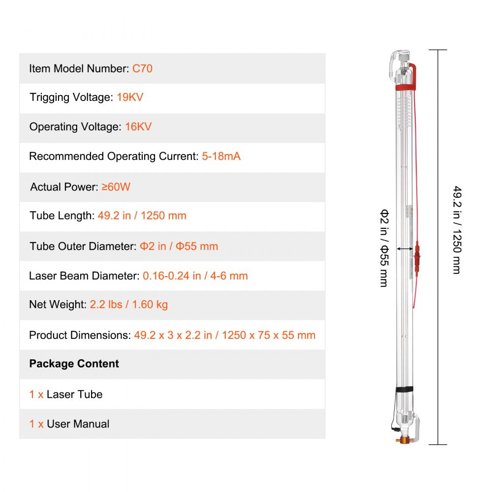 Bostome 60W CO2 laser tube made of borosilicate glass, 1250mm long, for precise cutting.