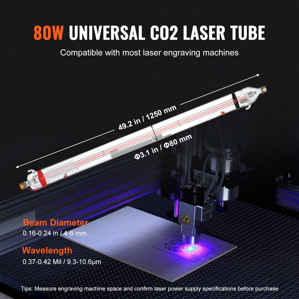 Bostome 90W CO2 laser tube made of borosilicate glass, 1250mm long, with pre-wired connections.