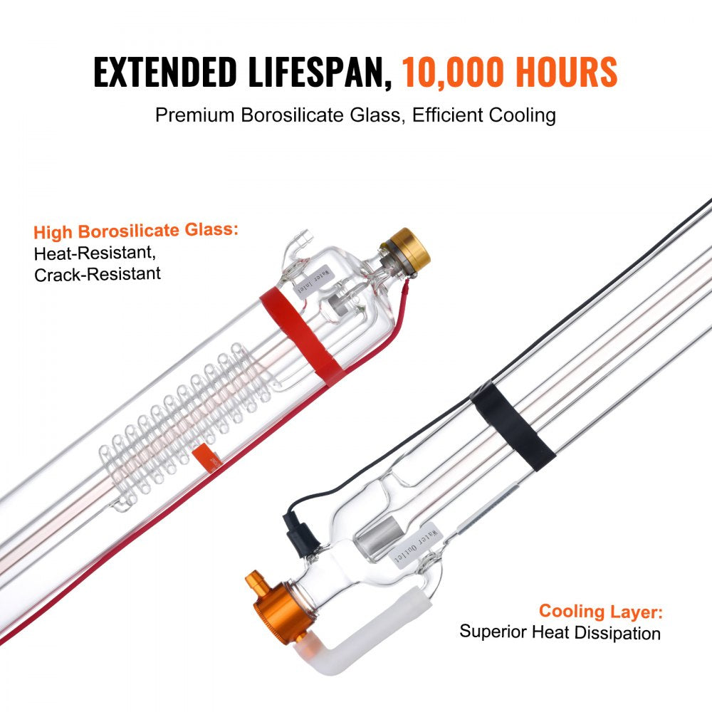 Bostome 90W CO2 Laser Tube made of borosilicate glass, 1250mm long with pre-wired connections.
