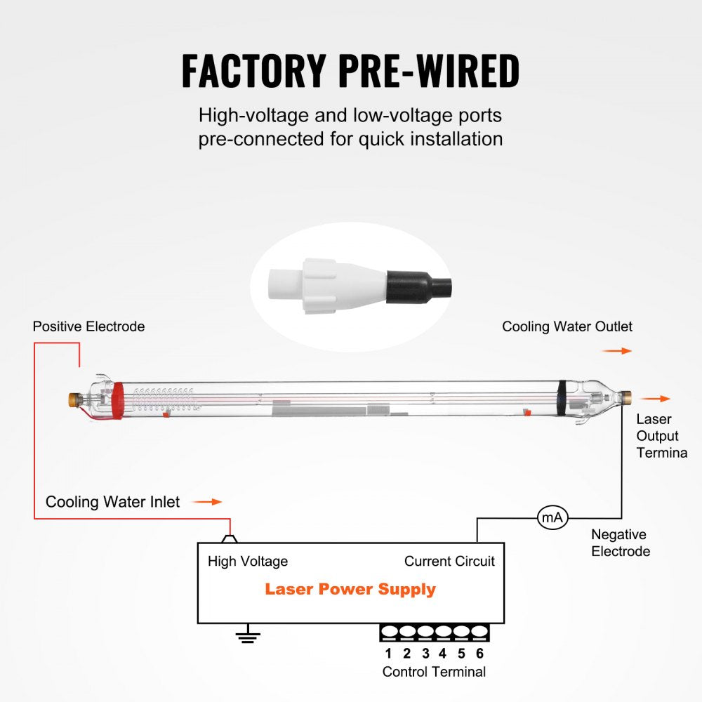 Bostome 90W CO2 Laser Tube made of borosilicate glass, 1250mm length for precision cutting.