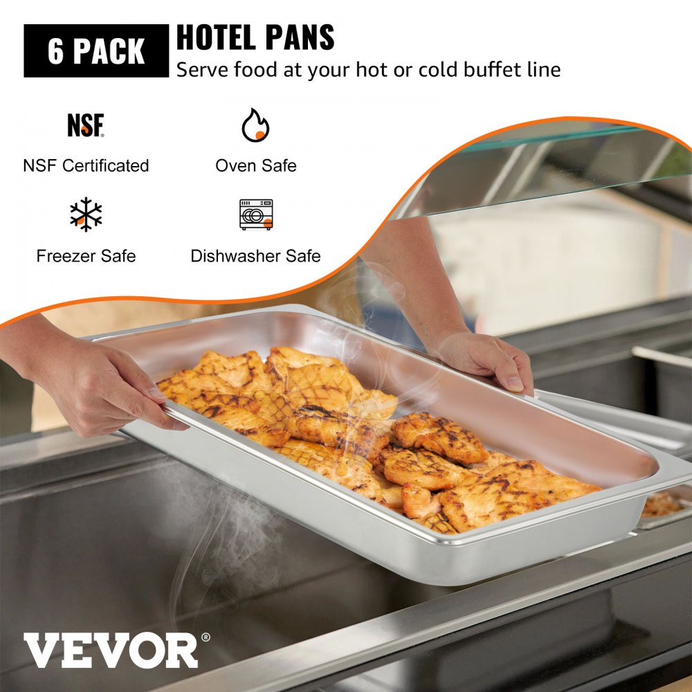6 Pack Steam Table Pans 20.9 x 12.8 x 2.6 Inch Deep Steam Table Pan Full Size 8.5L Deep Food Container Stainless Steel Oven Tray Hotel Pans Anti-Jam Steam Table Food Pan