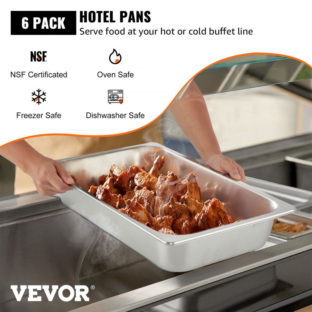 6 Pack Steam Table Pans 20.9 x 12.8 x 3.9 Inch Deep Steam Table Pan Full Size 13L Deep Food Container Stainless Steel Oven Tray Hotel Pans Anti-Jam Steam Table Food Pan