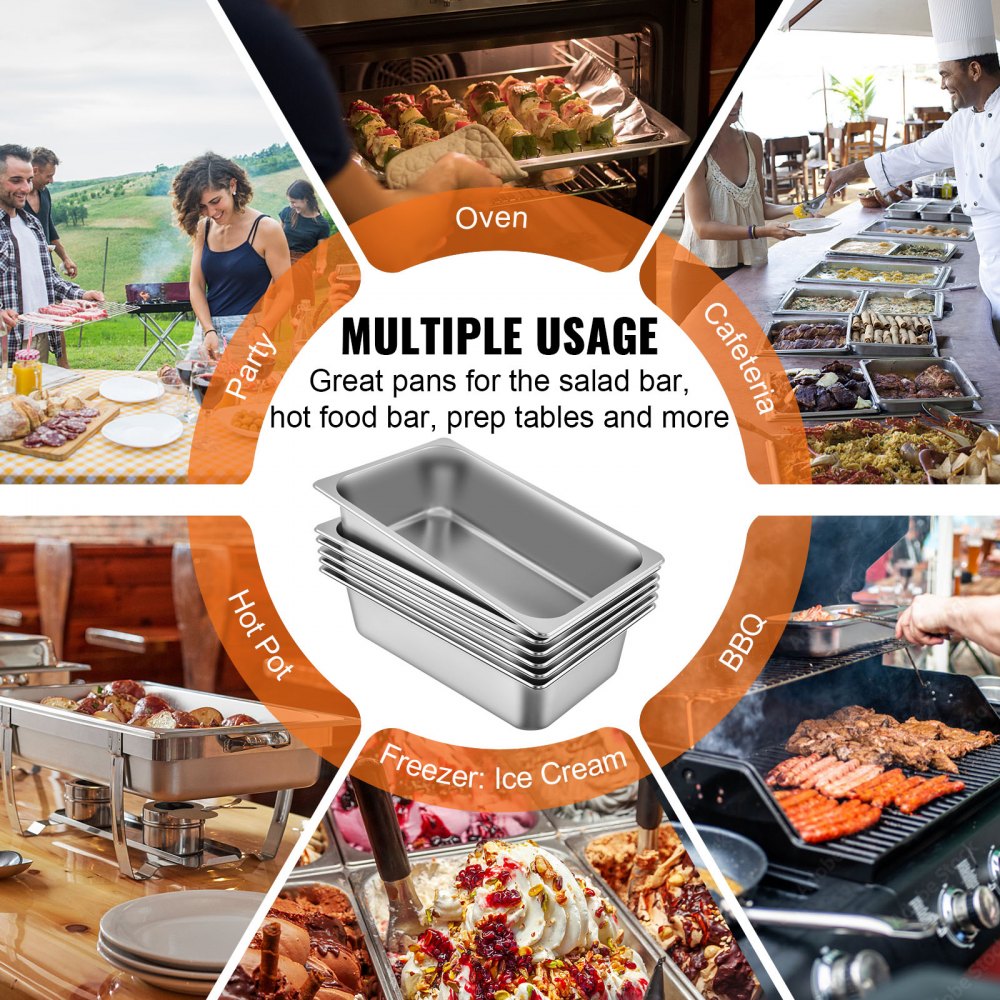 6 Pack Steam Table Pans 20.9 x 12.8 x 5.9 Inch Deep Steam Table Pan Full Size 20.5L Deep Food Container Stainless Steel Oven Tray Hotel Pans Anti-Jam Steam Table Food Pan