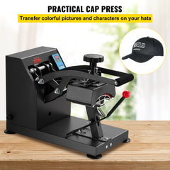 Black clamshell heat press machine with curved platen for hats and digital control panel on a wooden table.