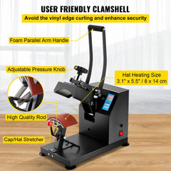 Bostome 5.5x3.5 inch curved hat heat press with clamshell design and digital control.