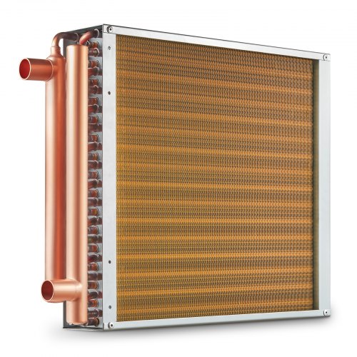 A 16x16-inch 3-row copper water-to-air heat exchanger with 193 fins and attached pipes.