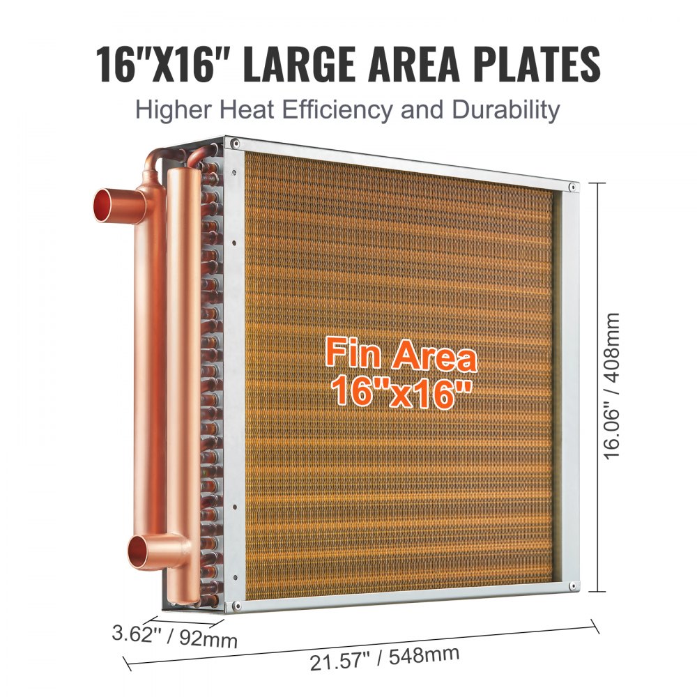 16x16 water to air heat exchanger with 3-row copper tubes and 193 fins.
