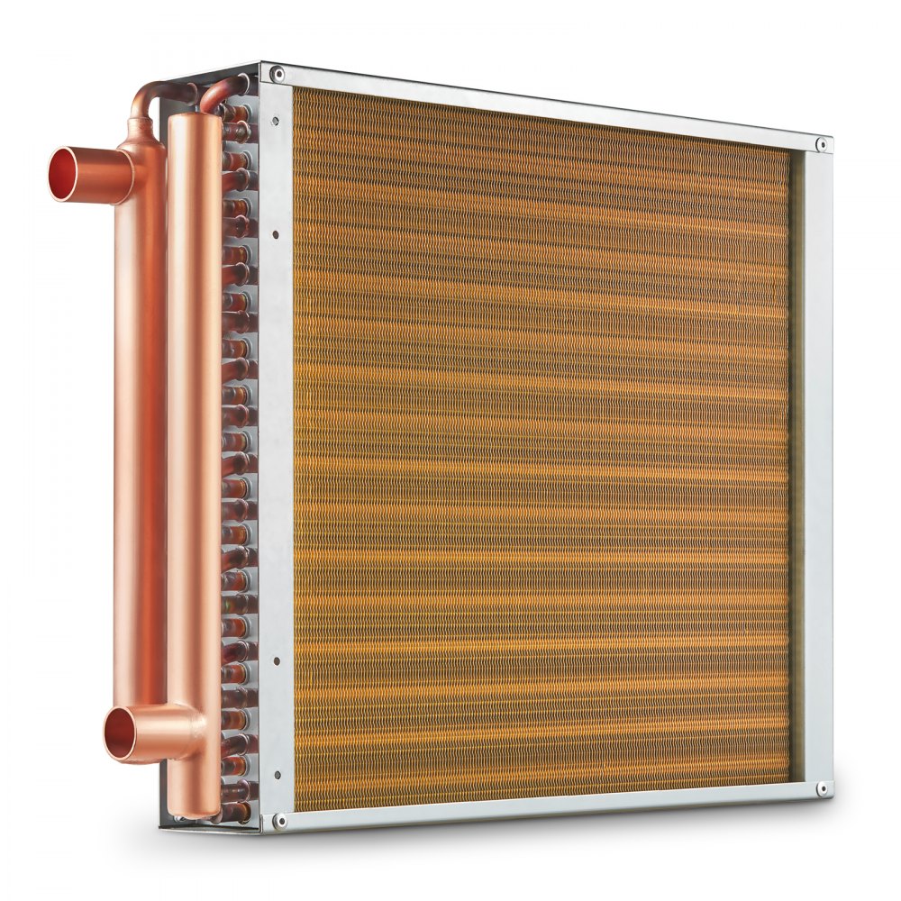 16x16 water-to-air heat exchanger with 3-row copper tubes and 193 fins.