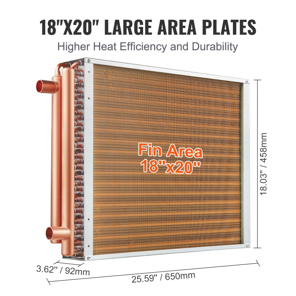 Heat Exchanger Water to Air, 18"x 20" with 3-Row 3/8" Copper Ports, 242 Aluminum Fins Heat Exchanger for Outdoor Wood Furnaces, Residential Heating and Cooling, and Forced Air Heating