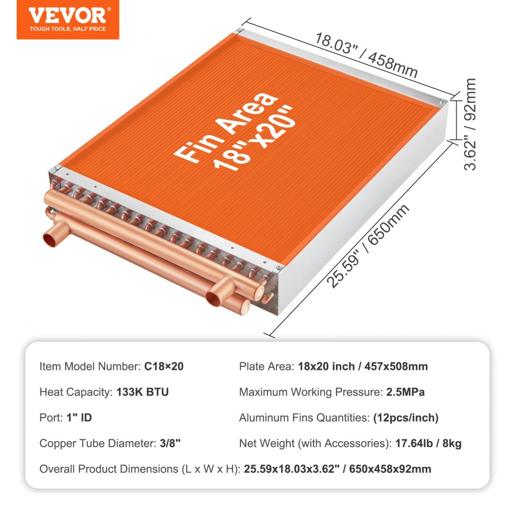Heat Exchanger Water to Air, 18"x 20" with 3-Row 3/8" Copper Ports, 242 Aluminum Fins Heat Exchanger for Outdoor Wood Furnaces, Residential Heating and Cooling, and Forced Air Heating