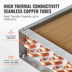 Heat Exchanger Water to Air, 20"x 20" with 3-Row 3/8" Copper Ports, 242 Aluminum Fins Heat Exchanger for Outdoor Wood Furnaces, Residential Heating and Cooling, and Forced Air Heating