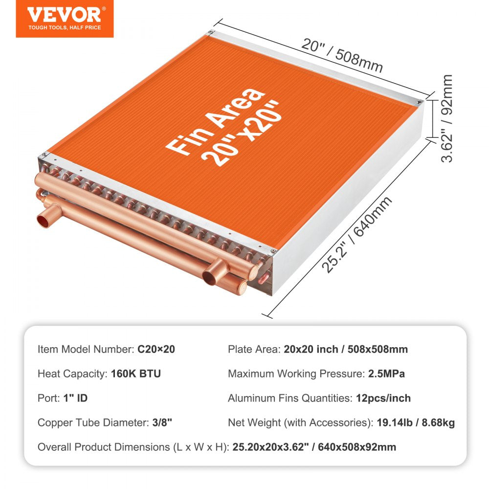 Heat Exchanger Water to Air, 20"x 20" with 3-Row 3/8" Copper Ports, 242 Aluminum Fins Heat Exchanger for Outdoor Wood Furnaces, Residential Heating and Cooling, and Forced Air Heating