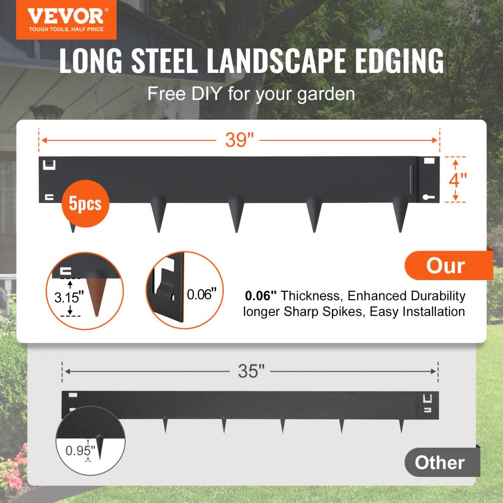 Steel Landscape Edging, 5-pack Steel Garden Edging Borders, 39" L x 4" H Strips, Hammer-in Edging Border, Bendable Metal Landscape Edging for Yard, Garden, Lawn, 3.15" Spike Height, Black