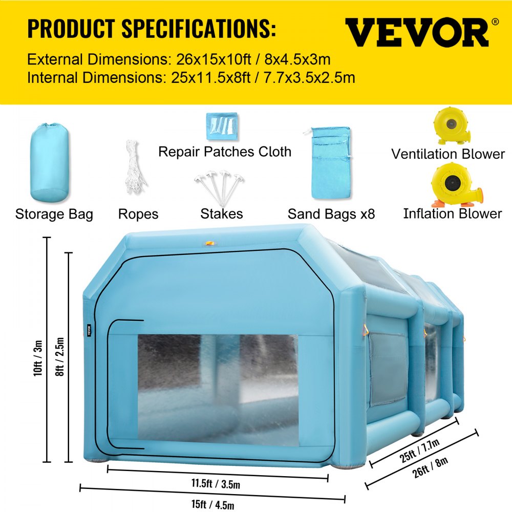 Portable Inflatable Paint Booth, 26x15x10ft Inflatable Spray Booth, Car Paint Tent w/Air Filter System & 2 Blowers, Upgraded Blow Up Spray Booth Tent, Auto Paint Workstation, Car Parking Garage