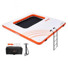 Inflatable Floating Dock, 10x10FT Inflatable Dock Platform with 4*7FT Trampoline Mesh Pool, Non-Slip Floating Platform Water Mat with Portable Bag & Detachable Ladder for Pool Beach Relaxation