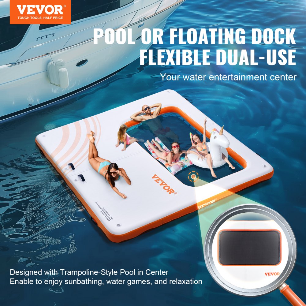 Inflatable Floating Dock, 10x10FT Inflatable Dock Platform with 4*7FT Trampoline Mesh Pool, Non-Slip Floating Platform Water Mat with Portable Bag & Detachable Ladder for Pool Beach Relaxation