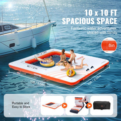 Inflatable Floating Dock, 10x10FT Inflatable Dock Platform with 4*7FT Trampoline Mesh Pool, Non-Slip Floating Platform Water Mat with Portable Bag & Detachable Ladder for Pool Beach Relaxation