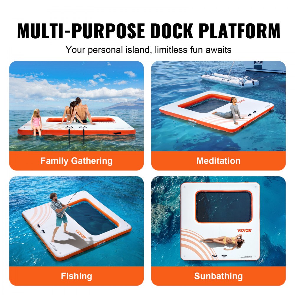 Inflatable Floating Dock, 10x10FT Inflatable Dock Platform with 4*7FT Trampoline Mesh Pool, Non-Slip Floating Platform Water Mat with Portable Bag & Detachable Ladder for Pool Beach Relaxation