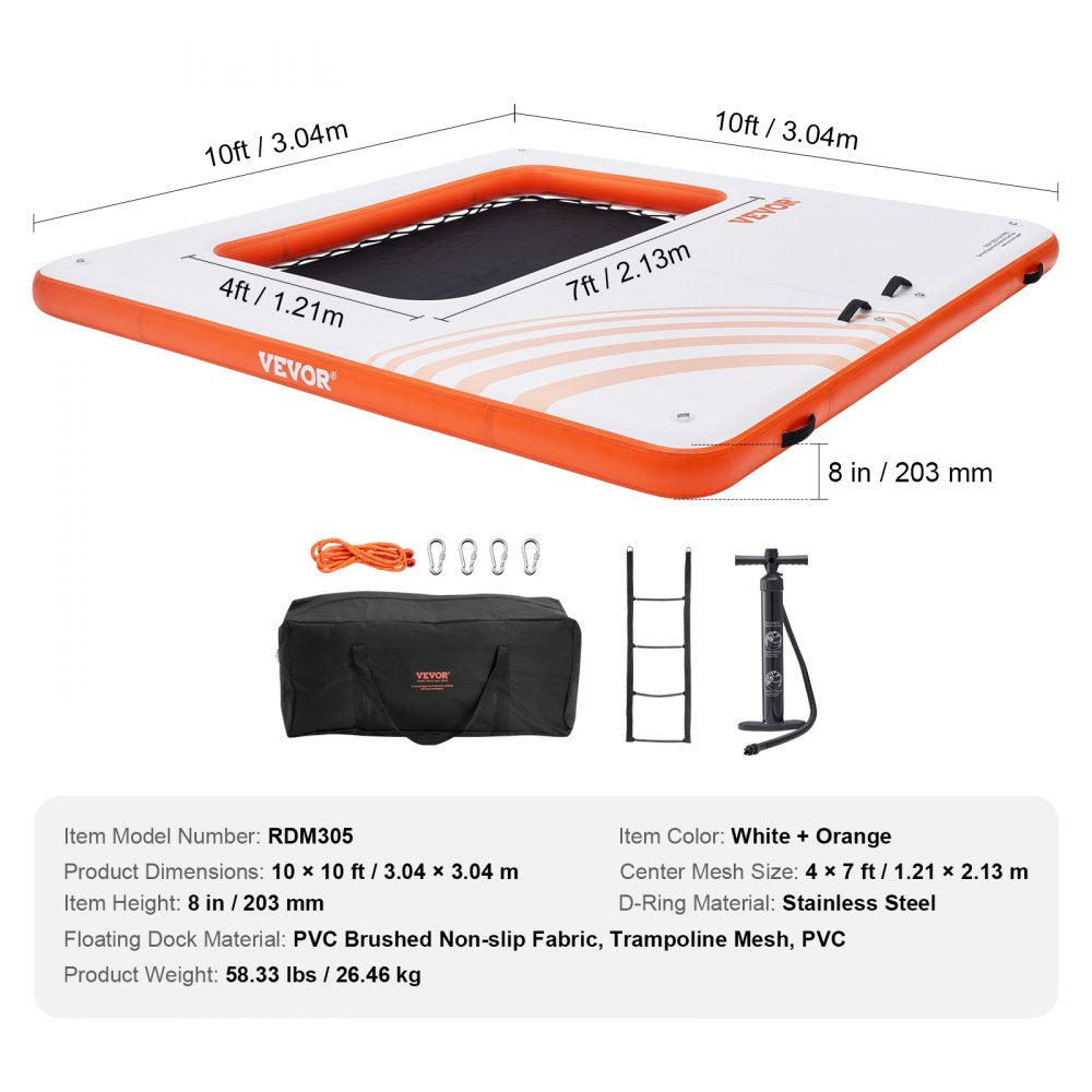 Inflatable Floating Dock, 10x10FT Inflatable Dock Platform with 4*7FT Trampoline Mesh Pool, Non-Slip Floating Platform Water Mat with Portable Bag & Detachable Ladder for Pool Beach Relaxation