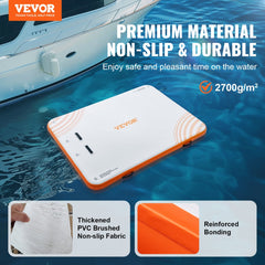 10x8ft inflatable floating dock in white and orange with non-slip PVC surface and detachable ladder.