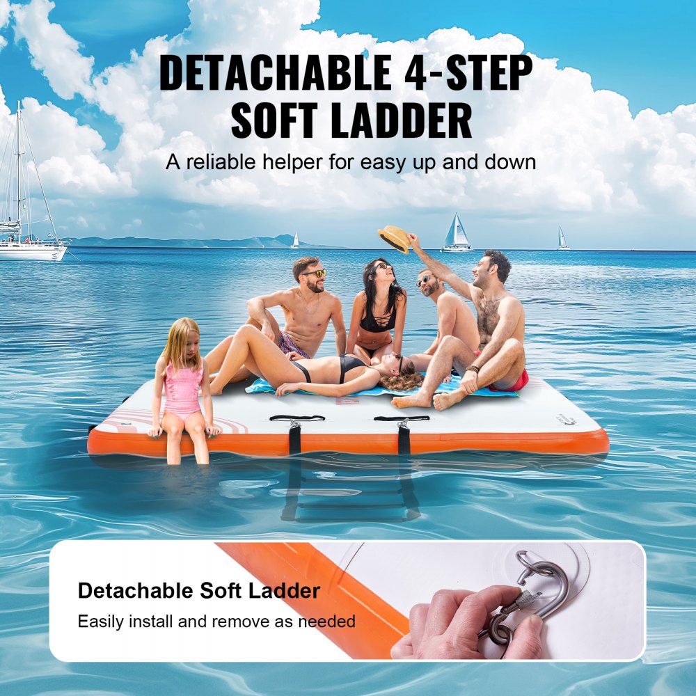 10x8ft inflatable floating dock with non-slip PVC surface and detachable 4-step soft ladder on water.
