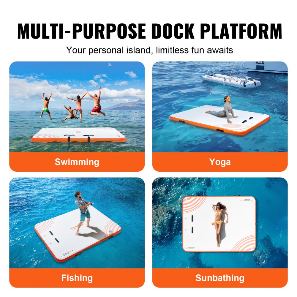 Inflatable 10x8ft floating dock in orange with non-slip PVC surface and detachable ladder.