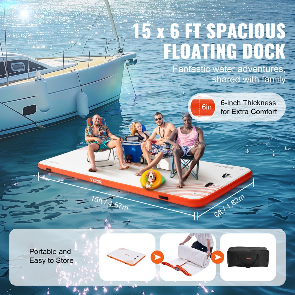 Inflatable Floating Dock, 15 x 6FT Inflatable Dock Platform, Non-Slip Water Floating Dock Mat with Detachable Ladder & Portable Carrying Bag, Floating Platform Island Raft for Ocean Pool Beach