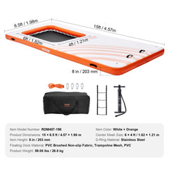 Inflatable Floating Dock, 15x6.5FT Inflatable Dock Platform with 4*6FT Trampoline Mesh Pool, Non-Slip Floating Platform Water Mat with Portable Bag & Detachable Ladder for Pool Beach Relaxation