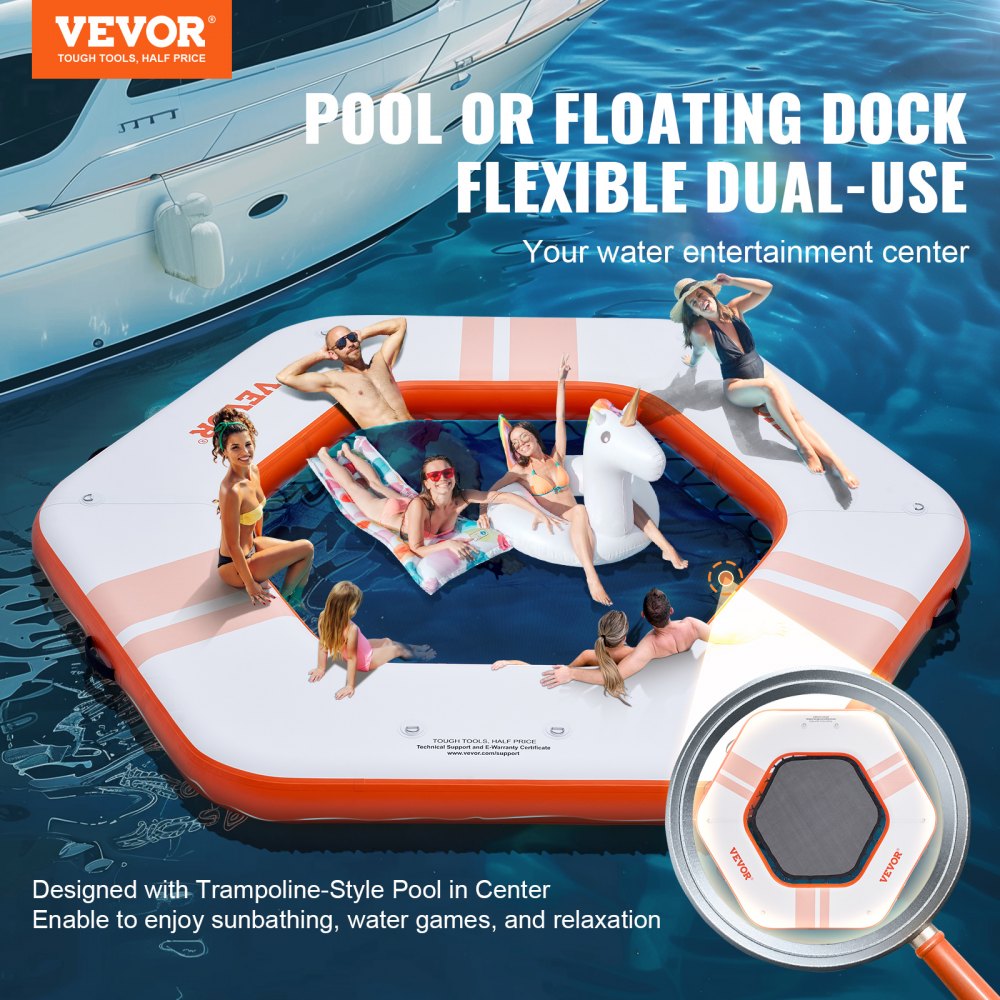 Inflatable Floating Dock, ø8.5FT Inflatable Dock Platform with ø5FT Trampoline Mesh Pool, Non-Slip Floating Platform Water Mat with Portable Bag & Detachable Ladder for Pool Beach Relaxation